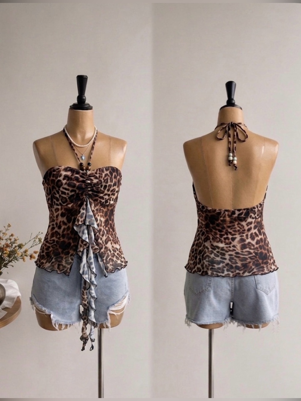 Leopard Print Ruffle Halter Cami Top - Brown